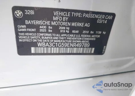 2014 BMW 328I from USA, damaged, VIN WBA3C1G59ENR49789